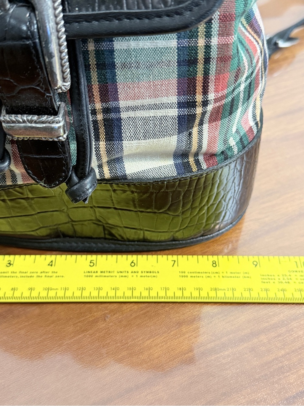 Vintage Brighton Black Croc-Embossed Leather Plaid Backpack - Picture 9 of 10
